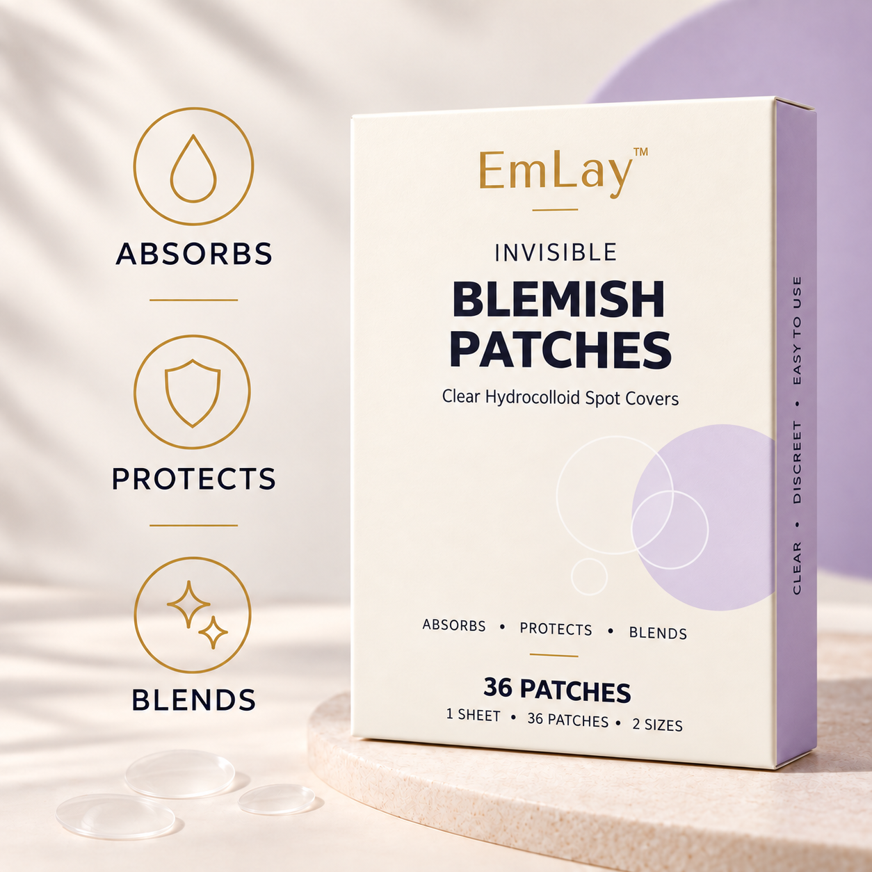 EmLay blemish patch box with icons labeled absorbs, protects, and blends.