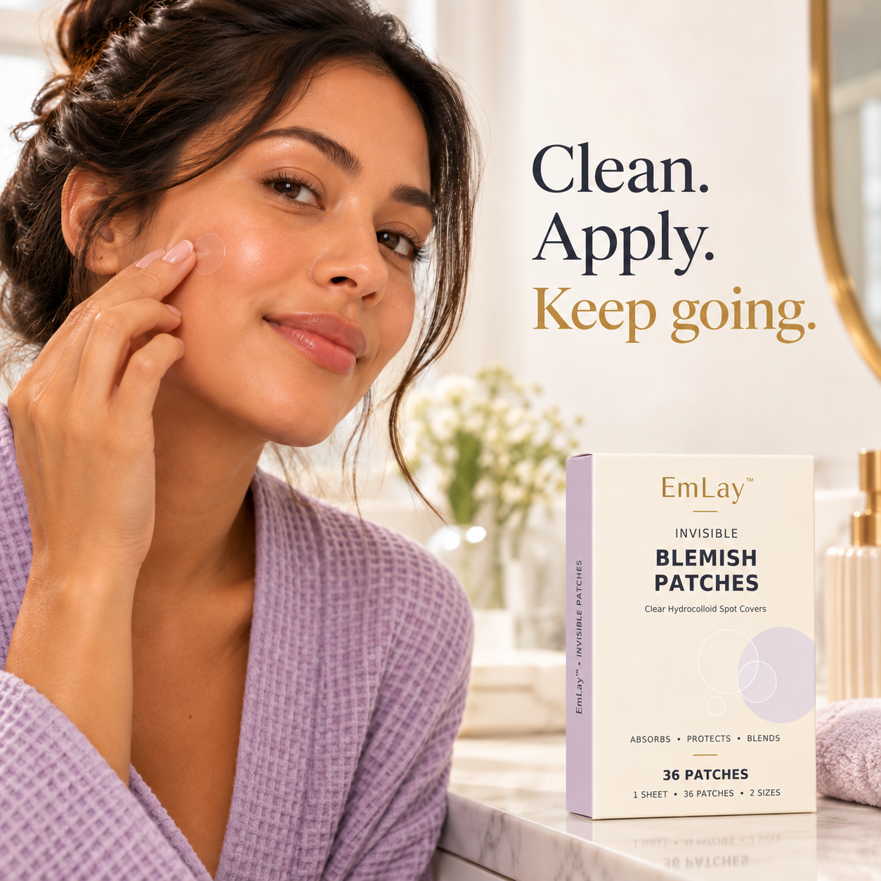 Woman applying a clear EmLay blemish patch to her cheek beside EmLay packaging.