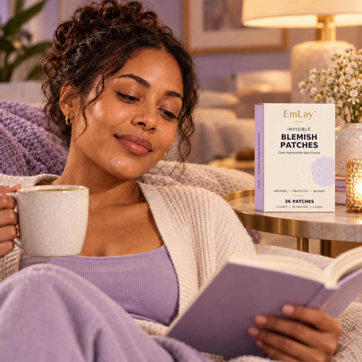 Woman wearing a clear EmLay blemish patch while relaxing with a book and a warm drink.