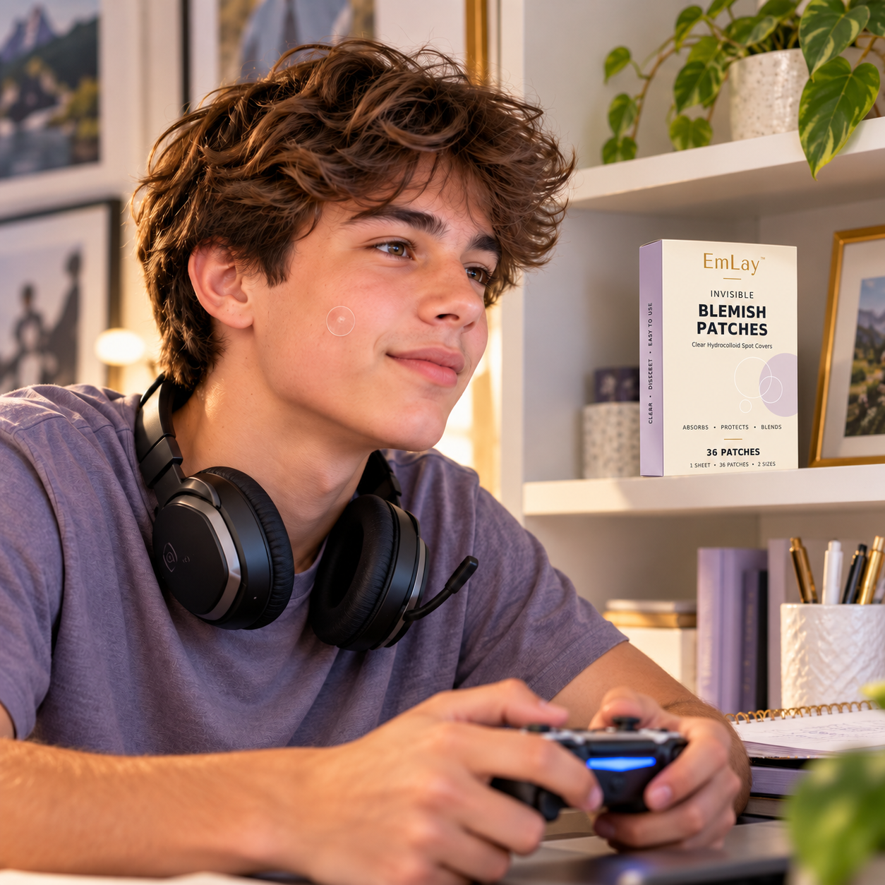 Teen wearing a clear EmLay blemish patch while playing a video game.